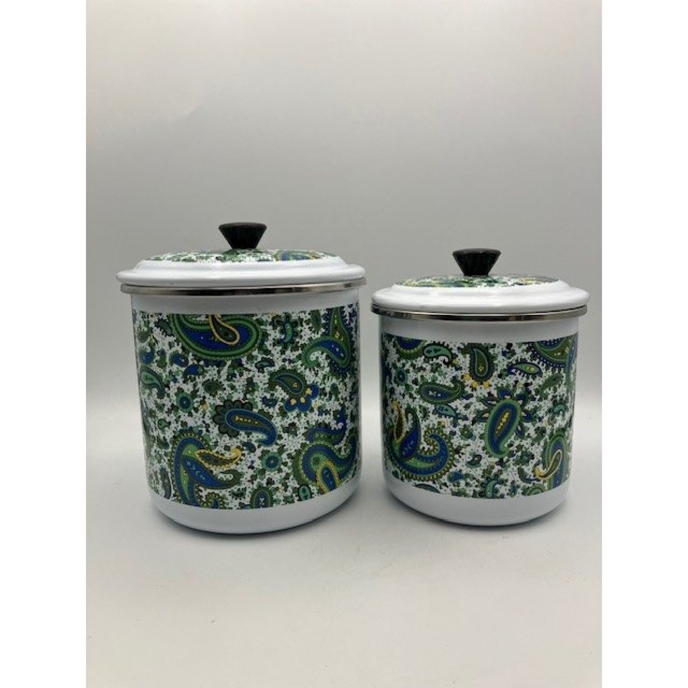 Enamelware Kitchen Canister Set, Paisley,‎ White/Green, 2 Piece 5.75"H & 5"H